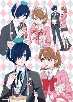  1boy 1girl animal_ears belt black_jacket black_skirt black_socks blue_eyes blue_hair bow bowtie brown_eyes brown_hair brown_shoes cardigan cat cat_ears choker closed_mouth commentary doll earphones_removed earrings eating fake_animal_ears flipped_hair flower food full_body gekkoukan_high_school_uniform hair_over_one_eye hand_in_pocket hand_on_another's_arm heart heart_choker highres holding holding_doll holding_food ikuya_kawaii jacket jewelry kneehighs light_blush long_sleeves looking_at_another loose_bowtie miniskirt multiple_views neck_ribbon open_clothes open_jacket open_mouth persona persona_3 persona_3_reload pink_cardigan pleated_skirt purple_flower red_bow red_bowtie ribbed_cardigan ribbon school_uniform shirt shoes short_hair skirt socks stud_earrings takeba_yukari twitter_username upper_body white_choker white_shirt wing_collar yuuki_makoto_(persona_3) 