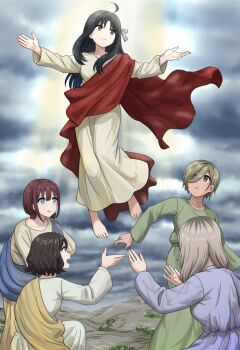  5girls ahoge awa_subaru barefoot black_hair blue_eyes blue_robe brown_eyes brown_hair commentary_request ebizuka_tomo floating girls_band_cry green_robe grey_hair hands_up iseri_nina jesus kawaragi_momoka long_hair medium_hair midair multiple_girls new_testament overcast purple_hair raya_(yuri15923) robe rupa_(girls_band_cry) short_hair sky the_bible togenashi_togeari white_robe 