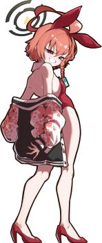  1girl ahoge animal_ears asymmetrical_hair black_halo blue_archive braid commentary_request detached_collar from_behind full_body grin halo high_heels highres huge_ahoge jacket korean_background leaning_back leotard mole mole_under_each_eye mole_under_eye multiple_moles neru_(blue_archive) neru_(bunny)_(blue_archive) orange_hair playboy_bunny print_jacket rabbit_ears red_eyes red_leotard red_shoes shoes short_hair simple_background single_braid smile solo strapless strapless_leotard sukajan tag transparent_background white_background yong_ta 