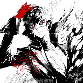  1boy amamiya_ren artist_name buttons coat commission dated domino_mask eye_mask fire flaming_eye gloves grin high_collar highres joker_(persona_5) long_sleeves looking_at_viewer male_focus mask mihuashi_commission mihuashi_logo mihuashi_username persona persona_5 red_eyes red_gloves short_hair smile solo spot_color thank_you upper_body watermark weny 