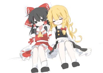  2girls :3 ascot black_eyes black_hair black_skirt black_vest blonde_hair blush_stickers bow braid chinese_commentary closed_eyes closed_mouth commentary_request detached_sleeves frilled_bow frilled_hair_tubes frills hair_bow hair_tubes hakurei_reimu highres kirisame_marisa long_hair long_sleeves looking_at_viewer multiple_girls no_headwear nya_(pixiv_100585577) red_bow red_skirt ribbon-trimmed_sleeves ribbon_trim shoes side_braid simple_background single_braid sitting sketch skirt skirt_set sleeping socks touhou vest white_background white_socks yellow_ascot 