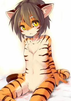  1girl animal_ear_fluff animal_ears artist_request blush brown_hair cat_ears chest_tuft completely_nude female_focus flat_chest frown furry loli looking_at_viewer navel no_pussy nude orange_fur shiitakemeshi sitting slit_pupils soles solo tail tiger tiger_stripes two-tone_fur whiskers yellow_eyes  rating:Questionable score:74 user:Len