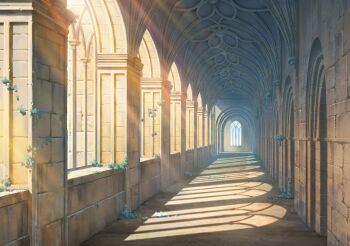 abandoned arcade_(architecture) arch arched_window architecture blue_archive cathedral church column day european_architecture game_asset gothic_architecture hallway indoors ivy lens_flare light_rays no_humans non-web_source official_art perspective pillar plant ruins scenery self-datamine shadow stone_floor stone_wall sunbeam sunlight vaulted_ceiling vines warm_colored window window_shadow