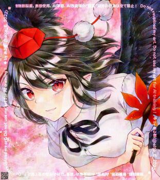  1girl adversarial_noise alto2019 arms_under_breasts bird_wings black_skirt black_wings brown_hair collared_shirt commentary_request feathered_wings frilled_skirt frills hat hauchiwa highres looking_at_viewer medium_hair neck_ribbon open_mouth pink_background pointy_ears pom_pom_(clothes) qr_code red_eyes red_hat ribbon shameimaru_aya shirt skirt smile solo tokin_hat touhou traditional_media upper_body watermark white_shirt wings 