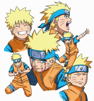  1boy blonde_hair facial_mark flak_jacket forehead_protector highres jacket konohagakure_symbol male_focus naruto_(classic) naruto_(series) orange_jacket orange_pants pants sanda solo spiked_hair uzumaki_naruto whisker_markings 