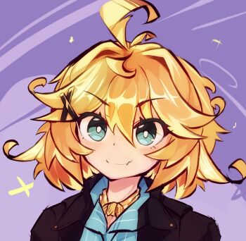  1girl ahoge aqua_eyes aqua_shirt black_jacket blonde_hair closed_mouth dokibird dokibird_(bounty_hunter) fang hair_ornament hairclip hashtag-only_commentary highres indie_virtual_youtuber jacket open_clothes open_jacket portrait purple_background shirt short_hair skin_fang smile solo troubleshooter_bun virtual_youtuber 