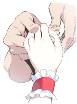  1boy 1girl asutora fingernails hand_focus head_out_of_frame holding_hands jewelry remilia_scarlet ring simple_background touhou white_background wrist_cuffs  rating:Sensitive score:81 user:danbooru