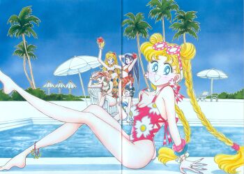  1990s_(style) 5girls :p adjusting_hair aino_minako anklet bikini bishoujo_senshi_sailor_moon black_hair blonde_hair blue_eyes blue_hair bracelet braid breasts brown_hair chair cleavage cup double_bun drink earrings eyewear_on_head flower green_eyes hair_bobbles hair_flower hair_ornament highres hino_rei jewelry kino_makoto long_hair looking_at_viewer mizuno_ami multiple_girls nail_polish necklace official_art one-piece_swimsuit open_mouth palm_tree parasol pink_nails ponytail pool ring sarong short_hair sitting sky smile sunglasses swimsuit takeuchi_naoko tongue tongue_out tree tsukino_usagi twin_braids umbrella wink  rating:Sensitive score:10 user:taro