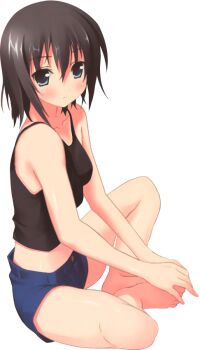 1girl barefoot blue_eyes brown_hair butterfly_sitting feet feet_together female_focus full_body hands_on_feet kantoku original short_hair shorts sitting solo tank_top transparent_background rating:Sensitive score:13 user:danbooru