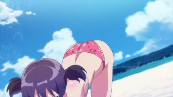  10s 1girl all_fours animated animated_gif anime_screenshot ass ass_shake beach bikini cloud female_focus harukana_receive ocean outdoors pink_bikini short_hair short_twintails sky solo sunagawa_mai swimsuit twintails water 