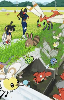  ._. 1boy 1girl absurdres ahoge alternate_color animal_ears antenna_hair bag black_hair blue_gakuran blue_pants blue_shirt blue_skin blueberry_academy_school_uniform brother_and_sister brown_fur bug carmine_(pokemon) colored_inner_hair colored_skin commentary corphish crossed_bangs crustacean drainpipe ekans fanny_pack flying gen_1_pokemon gen_2_pokemon gen_3_pokemon gloves grass hair_between_eyes hairband hand_in_own_hair hand_up highres horns insect_wings jacket kei_truck kieran_(pokemon) long_hair long_sleeves looking_at_another motor_vehicle multicolored_hair necktie nintendo official_alternate_color open_mouth outdoors pants pickup_truck pokemon pokemon_(creature) pokemon_scarlet_and_violet poliwag poochyena proboscis purple_hair rabbit_ears red_gloves red_necktie road scenery school_uniform sentret shiny_and_normal shiny_pokemon shirt shorts shuan_0420 siblings single_glove single_horn slice_of_life slit_pupils solid_circle_eyes spinarak squatting striped_tail tail truck two-tone_hair untranslatable_commentary utility_pole white_jacket white_shorts wings wooper yanma yellow_bag yellow_eyes yellow_fur yellow_hairband 