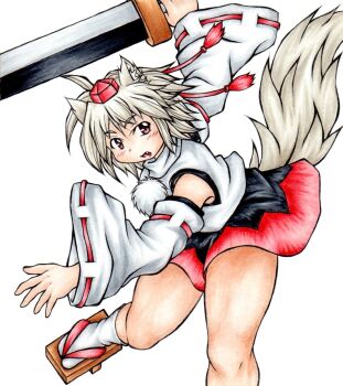  1girl :o ahoge animal_ear_fluff animal_ears black_skirt black_trim blush commentary_request detached_sleeves fang floating_clothes floating_hair geta hat highres holding holding_sword holding_weapon inte_(whitewolftail) inubashiri_momiji long_sleeves open_mouth partial_commentary pom_pom_(clothes) red_eyes red_hat red_ribbon red_skirt ribbon ribbon-trimmed_sleeves ribbon_trim shirt short_hair simple_background skirt socks solo swinging_weapon sword tail tengu tengu-geta thighs tokin_hat touhou traditional_media two-tone_skirt v-shaped_eyebrows weapon white_background white_shirt white_socks wide_sleeves wolf_ears wolf_girl wolf_tail 