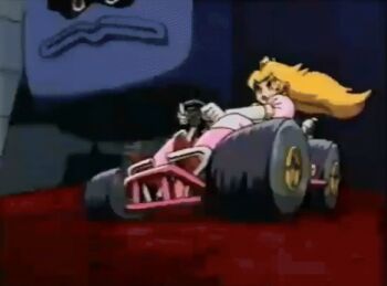 1990s_(style) 1996 1girl animated animated_gif anime_screenshot blonde_hair blue_eyes crown dress drifting driving earrings elbow_gloves engine eyelashes floating_hair full_body game_console gloves go-kart high_heels jewelry kart knees_up lips long_dress long_hair lowres mario_(series) mario_kart mario_kart_64 nintendo pedal pink_dress pink_lips princess princess_peach puffy_short_sleeves puffy_sleeves race_vehicle retro_artstyle shadow short_sleeves sitting steering_wheel tagme thwomp wheel white_gloves