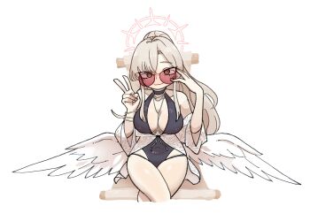  1girl black_one-piece_swimsuit blue_archive bracelet breasts cleavage closed_mouth cross_halo crossed_legs feathered_wings halo highres jelatshoo jewelry large_breasts long_hair looking_at_viewer low_wings multiple_bracelets multiple_necklaces nagisa_(blue_archive) nagisa_(swimsuit)_(blue_archive) necklace official_alternate_hairstyle one-piece_swimsuit pink_halo sitting smile solo sunglasses swimsuit tinted_eyewear v white_wings wings 