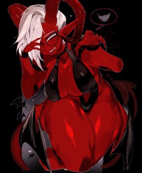  1girl black_slingshot_swimsuit breasts cleavage colored_skin commentary commission cropped_legs curvy demon_girl demon_horns demon_tail english_commentary fang glasses hair_over_one_eye hands_up highres horns indie_virtual_youtuber large_breasts looking_at_viewer melissa_belladonna one_eye_covered pointy_ears red_skin short_hair slingshot_swimsuit smile solo speech_bubble swimsuit tail usa37107692 virtual_youtuber white_eyes white_hair wide_hips 