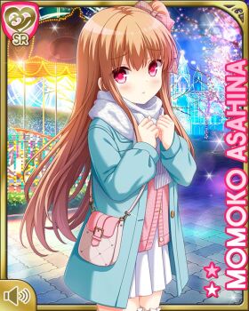 1girl asahina_momoko blue_coat brown_coat brown_hair card_(medium) character_name closed_mouth coat cold girlfriend_(kari) leggings long_hair night official_art outdoors pink_sweater qp:flapper red_eyes side_ponytail skirt solo sweater tagme white_leggings white_skirt winter_clothes winter_coat