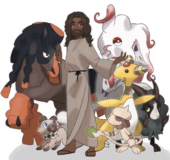  1boy alternate_skin_color ampharos beard brown_fur brown_hair crossover dark-skinned_male dark_skin dubwool facial_hair gen_2_pokemon gen_7_pokemon gen_8_pokemon grey_robe highres hisuian_zoroark jesus mudsdale nintendo open_mouth poke_ball poke_ball_(basic) pokemon pokemon_(creature) robe rockruff sandals simifimibrulee simple_background smeargle the_bible very_dark_skin white_background 