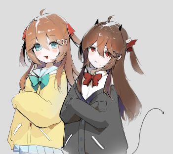  2girls :< :3 :d ahoge aqua_bow aqua_bowtie black_cardigan blue_eyes blue_sailor_collar blue_skirt blush bow bowtie broken_heart broken_heart_hair_ornament brown_hair cardigan closed_mouth collared_shirt commentary cowboy_shot crossed_arms demon_girl demon_horns demon_tail evil_neuro-sama frown grey_background hair_between_eyes hair_ornament hair_ribbon heart heart_hair_ornament highres horns long_hair long_sleeves looking_at_viewer miniskirt multiple_girls neuro-sama nostyx_x off-shoulder_cardigan open_mouth pleated_skirt raised_eyebrows red_bow red_bowtie red_eyes red_ribbon ribbon sailor_collar shirt siblings simple_background sisters skirt sleeves_past_wrists smile symbol-only_commentary tail tears twins two_side_up variant_set vedal_ai white_shirt 