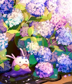  black_eyes commentary flower gen_6_pokemon goomy highres leaf nintendo no_humans open_mouth pokemon pokemon_(creature) pokemon_focus purple_flower sunset toro_nika untranslatable_commentary water 