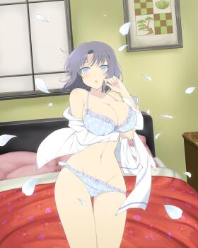  1girl :o bare_shoulders bed blue_bra blue_eyes blue_panties blush body_blush bow bow_bra bow_panties bra breasts cleavage collarbone falling_petals floral_print frilled_bra frilled_panties frills grey_hair groin highres holding indoors large_breasts linea_alba looking_at_viewer navel nightstand official_art open_clothes open_mouth open_shirt painting_(object) panties panty_pull petals picture_frame pink_pillow senran_kagura senran_kagura_new_wave senran_kagura_shinovi_versus shiny_skin shirt short_hair solo striped_bow underwear unworn_bow white_bow white_shirt yumi_(senran_kagura) 