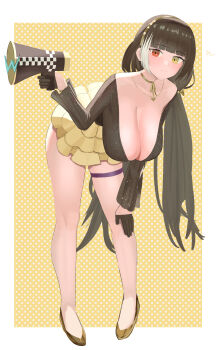  1girl absurdres bent_over black_gloves black_hair black_shirt breasts commentary_request dotted_background full_body girls'_frontline girls'_frontline_2:_exilium gloves gold_shoes half_gloves heterochromia high_heels highres holding holding_megaphone koucha_kouden large_breasts layered_skirt long_hair long_sleeves looking_at_viewer megaphone multicolored_hair official_alternate_costume pleated_skirt plunging_neckline red_eyes ro635_(enforcer_of_the_law)_(girls'_frontline) ro635_(girls'_frontline) robella_(girls'_frontline_2) shirt shoes skirt smile streaked_hair thigh_strap thighs twintails two-tone_hair white_hair yellow_background yellow_eyes yellow_skirt 
