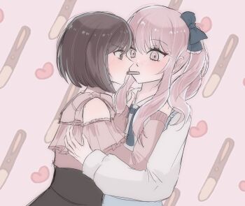  1girl 1other 2geojiyeah akiyama_mizuki androgynous bob_cut bow brown_eyes brown_hair commentary_request food food_in_mouth hair_bow hands_on_another's_shoulders heart highres korean_commentary long_hair long_sleeves looking_at_another pink_eyes pink_hair pocky pocky_in_mouth ponytail project_sekai shinonome_ena short_hair sidelocks upper_body 