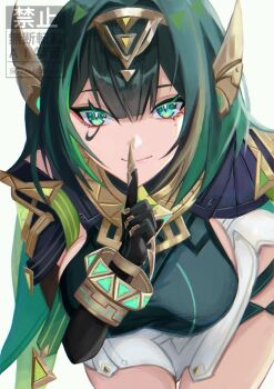  1girl closed_mouth commentary_request elbow_gloves finger_to_mouth genshin_impact gloves green_eyes green_hair headpiece highres jewelry kazuki_(kazuki_01) mole mole_under_eye nefer_(genshin_impact) short_hair shushing simple_background watermark 