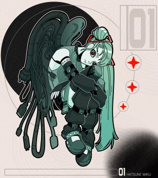  1girl android aqua_hair arm_belt belted_leg_warmers black_collar black_leg_warmers black_skirt black_sleeves cable character_name closed_mouth collar colored_skin commentary detached_sleeves eerieelixir full_body grey_shirt hair_ornament hatsune_miku head_on_knees head_rest highres hugging_own_legs joints leg_warmers long_hair looking_at_viewer mechanical_wings metal_collar red_eyes robot_joints shirt shoes skirt sleeveless sleeveless_shirt solo twintails vocaloid white_skin wings 