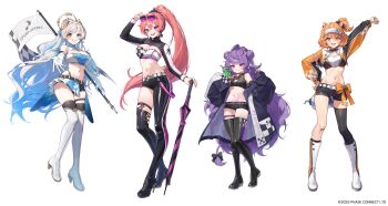  4girls animal_ears arm_up asymmetrical_clothes bare_shoulders belt belt_buckle bike_shorts black_boots black_pants black_shorts blue_eyes blue_hair blue_panties boots breasts brown_hair buckle cleavage closed_umbrella commentary_request double_bun eimi_isami elbow_gloves eyewear_on_head gloves hair_bun high_heel_boots high_heels high_ponytail highleg highleg_panties highres hikanari_hina large_breasts long_hair long_sleeves looking_at_viewer medium_breasts multicolored_hair multiple_girls muu_muyu nabezuru navel official_art panties pants phase_connect ponytail puffy_long_sleeves puffy_sleeves purple_belt purple_eyes purple_hair race_queen red_hair runie_ruse short_shorts shorts shorts_under_skirt shrug_(clothing) single_pantsleg single_thigh_boot single_thighhigh skindentation sleeves_past_fingers sleeves_past_wrists small_breasts sunglasses thigh_boots thighhighs thighhighs_under_boots two-tone_hair umbrella underwear very_long_hair virtual_youtuber visor_cap white_belt white_boots white_gloves 