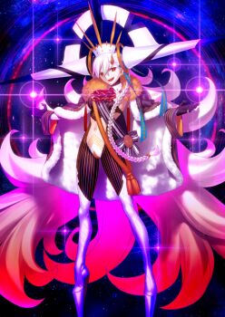  1girl black_cape black_gloves boots braid breasts cape clothing_cutout crossed_bangs earrings fate/grand_order fate_(series) fur-trimmed_cape fur_trim gloves hair_between_eyes hair_ornament hat horns jewelry large_breasts long_hair looking_at_viewer navel official_art olga_marie_animusphere open_mouth orange_eyes ring side_braid single_horn smile solo space stomach stomach_cutout takeuchi_takashi third-party_source u-olga_marie variant_set vertical-striped_bodysuit very_long_hair white_boots white_hair white_hat yellow_horns 