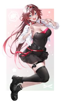  1girl :d absurdres aether_gazer belt belt_pouch black_belt black_choker black_dress black_hairband black_shoes black_thighhighs blue_eyes braid breasts brown_hair choker cleavage collarbone collared_shirt commentary cropped_shirt de_yai_shui_yan_di dress floating full_body hair_between_eyes hairband highres long_hair long_sleeves looking_at_viewer medium_breasts open_clothes open_mouth open_shirt pouch shirt shoes single_braid single_thighhigh skindentation sleeves_rolled_up smile solo strapless strapless_dress teeth thigh_belt thigh_strap thighhighs upper_teeth_only verthandi_(aether_gazer) very_long_hair white_shirt 