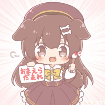  1girl :d animal_ears blush bone_hair_ornament bow braid brown_eyes brown_hair brown_skirt cartoon_bone chibi commentary_request dog_ears dog_girl dog_tail emphasis_lines fang frilled_skirt frills hair_between_eyes hair_ornament highres holding holding_paintbrush hololive inugami_korone inugami_korone_(street) long_hair mitarashi_neko open_mouth paintbrush plaid_bow pleated_skirt polka_dot polka_dot_background skirt smile solo tail translation_request v-shaped_eyebrows very_long_hair virtual_youtuber yellow_bow 