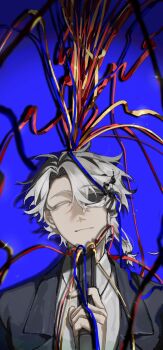  blue_background closed_eyes commentary_request eye_mask finger_on_trigger formal_clothes gun highres holding holding_gun holding_weapon kagurabachi male_focus mask necktie sazanami_hakuri sidelocks smile suicide suit weapon white_hair ycyy 