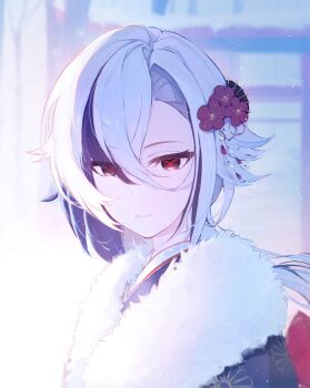  1girl arlecchino_(genshin_impact) black_eyes black_hair commentary furisode genshin_impact hair_between_eyes highres japanese_clothes kimono looking_at_viewer mihoyo multicolored_hair red_pupils solo streaked_hair symbol-shaped_pupils tansanlemon100 white_hair x-shaped_pupils 