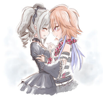  2girls bandana bandana_around_neck black_dress blue_hair closed_eyes commentary cropped_torso dress drill_hair english_commentary face-to-face facing_another from_side grey_hair grin happy_tears idolmaster idolmaster_cinderella_girls juliet_sleeves kanzaki_ranko long_hair long_sleeves looking_at_another mahoxyshoujo multicolored_hair multiple_girls ninomiya_asuka orange_hair profile puffy_sleeves red_bandana short_hair smile tears twin_drills two-tone_hair yuri 