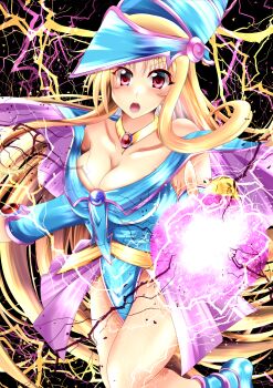  1girl artist_request bare_shoulders blonde_hair blue_dress breasts cape cleavage collar collarbone cosplay dark_magician_girl dark_magician_girl_(cosplay) detached_sleeves dress elbow_gloves fate_testarossa gloves highres jewelry legs long_hair lyrical_nanoha mahou_shoujo_lyrical_nanoha mahou_shoujo_lyrical_nanoha_strikers open_mouth red_eyes shoes solo thighs yu-gi-oh! yu-gi-oh!_duel_monsters 