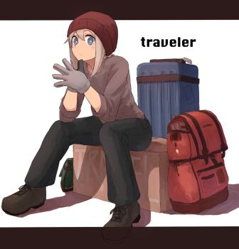  1girl backpack bag beanie black_pants blue_eyes boots box brown_boots closed_mouth english_text gloves grey_gloves grey_hair grey_shirt hat highres looking_at_viewer original own_hands_together pants red_hat shirt simple_background sitting solo suitcase tabiaki_(cosy_catastrophe) 