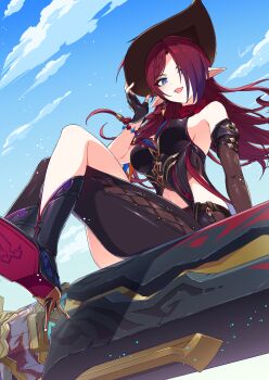  1girl asymmetrical_clothes asymmetrical_pants bare_shoulders blue_eyes breasts chasca_(genshin_impact) commentary_request crossed_legs detached_sleeves earrings elf from_below genshin_impact gloves hair_over_one_eye hat high_heels highres jewelry kamuraaa_615 large_breasts long_hair looking_at_viewer mole mole_on_shoulder multiple_girls outdoors pointy_ears red_hair sitting 