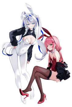  2girls absurdres animal_ear_hairband animal_ears aokumo_rin blue_hair breasts brown_thighhighs chaum closed_mouth commentary crossed_legs detached_collar fake_animal_ears fishnets green_eyes grey_hair hairband hanako_nana hand_on_own_hip high_heels highres invisible_chair large_breasts leotard long_hair looking_at_viewer multicolored_hair multiple_girls pantyhose pink_hair pink_shoes playboy_bunny rabbit_ears red_leotard shoe_dangle shoes simple_background sitting small_breasts smile standing stellive streaked_hair symbol-only_commentary thighhighs virtual_youtuber white_background white_leotard white_pantyhose white_shoes wing_collar 