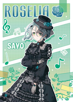  1girl alternate_costume alternate_hairstyle aqua_hair ascot bang_dream! bang_dream!_girls_band_party! black_bow black_dress black_flower blue_flower blue_rose bow braid brooch character_name chinese_commentary commentary_request dress earrings eighth_note english_text flower frilled_dress frills gloves gothic_lolita green_eyes green_hair hair_ornament hat hat_flower highres hikawa_sayo jewelry lolita_fashion long_sleeves migolu musical_note neck_ribbon nuoweisenlin_tongren_gongzuoshi ribbon rose roselia_(bang_dream!) short_hair solo 