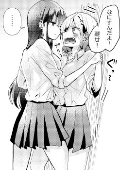  2girls absurdres blush closed_mouth collared_shirt commentary_request ear_piercing expressionless fang greyscale highres holding_another's_wrist leg_between_thighs long_hair looking_at_another medium_hair monochrome multiple_girls open_mouth original piercing pleated_skirt pon_(savu12sapu) school_uniform shirt skirt yuri 