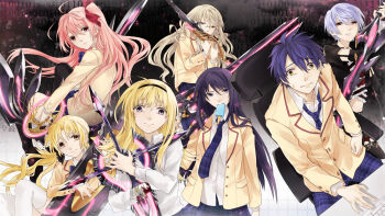  1boy 6+girls ahoge amputee aoi_sena bandaged_hand bandages binary biting_own_lip black_hairband blazer blonde_hair blue_hair bow bowtie brown_jacket chaos;head clenched_teeth collared_shirt d-sword dress_shirt everyone expressionless food food_in_mouth glasses glowing glowing_sword glowing_weapon goth_fashion green_eyes green_hair hair_bow hair_ornament hairband hairpin holding holding_sword holding_weapon jacket jewelry kishimoto_ayase kusunoki_yua kyo_zip lapels loose_necktie miniskirt missing_limb multiple_girls necklace necktie nervous_sweating nishijou_nanami nishijou_takumi no_jacket notched_lapels one_side_up open_collar orihara_kozue over_shoulder pants phantasm pink_eyes pink_hair plaid_bow plaid_bowtie plaid_clothes plaid_necktie plaid_pants plaid_skirt pleated_skirt popsicle popsicle_in_mouth purple_bow purple_bowtie purple_eyes purple_hair purple_pants purple_skirt sakihata_rimi school_emblem school_uniform science_adventure serious shirt skirt smile spoilers suimei_academy_school_uniform sweat sword sword_over_shoulder teeth thighhighs weapon weapon_over_shoulder white_shirt white_thighhighs worried yellow_eyes 