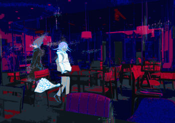  2boys alternate_costume back-to-back backpack bag black_bag black_coat black_mask black_pants black_shoes blue_background bouquet casual ceiling censored censored_identity chair chromatic_aberration coat collared_coat commentary_request covered_mouth danganronpa_(series) danganronpa_v3:_killing_harmony delidelidelic flower from_behind full_body glitch grey_pants hair_between_eyes hands_in_pockets high_collar hood hood_down hoodie implied_yaoi indoors lily_(flower) looking_ahead mask momota_kaito mosaic_censoring mouth_mask multiple_boys oma_kokichi pants plant potted_plant purple_eyes purple_hair restaurant shoes short_hair sneakers table walking walking_away white_flower white_hoodie window 