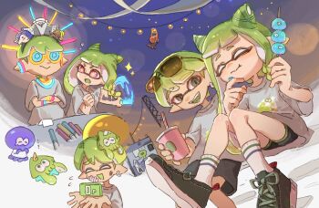  1boy 1girl ^_^ big_man_(splatoon) black_shoes chewing clenched_hand closed_eyes closed_mouth coke-bottle_glasses drink drinking_straw eyewear_on_head festival food food_on_face frye_(splatoon) glasses glowstick green_eyes green_hair grey_shirt hair_horns hair_ornament holding holding_drink holding_skewer inkling inkling_boy inkling_girl inkling_player_character jellyfish_(splatoon) long_hair looking_at_another lu_3sea multiple_views night nintendo open_mouth print_shirt red_eyes shirt shiver_(splatoon) shoes short_hair sitting skewer smile socks splatoon_(series) splatoon_3 sunglasses tentacle_hair white_socks x_hair_ornament 