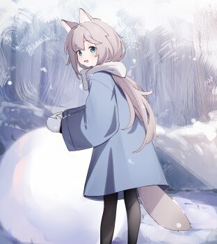  1girl :d absurdres animal_ear_fluff animal_ears black_pantyhose blue_coat blue_eyes blush coat commentary_request day feet_out_of_frame grey_hair grey_mittens hair_between_eyes highres long_hair long_sleeves mittens open_mouth original outdoors pantyhose riya_(01214) scarf smile snow snowball snowing solo standing tail very_long_hair white_scarf wide_sleeves winter_clothes 