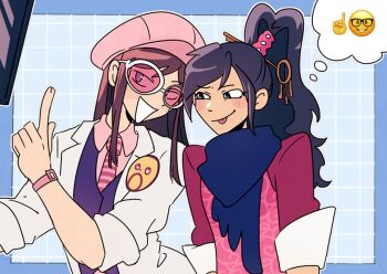  2girls ace_attorney ace_attorney_investigations ace_attorney_investigations:_miles_edgeworth apollo_justice:_ace_attorney black_hair brown_hair cellphone_photo commentary ema_skye emoji emoticon english_commentary glasses kay_faraday long_hair ministarfruit multiple_girls spoken_expression 