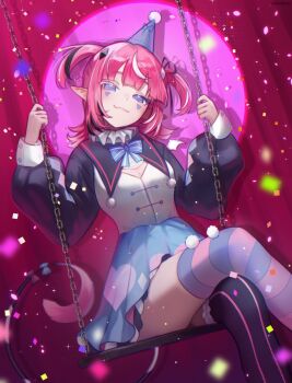  1girl :3 absurdres artist_name black_hair blue_bow blue_skirt blush bow camila_(cami_3.0)_(vtuber) camila_(vtuber) chain closed_mouth collar colored_eyelashes commentary confetti curtains english_commentary facial_mark frilled_collar frills hat hat_ribbon highres indie_virtual_youtuber long_sleeves medium_hair mismatched_eyelashes mismatched_thighhighs multicolored_hair on_swing party_hat pink_hair pointy_ears purple_eyes purple_hat ribbon rukunikun shadow shirt sidelocks sitting skirt smile solo sparkle spotlight streaked_hair swing tail triangle triangle_facial_mark two_side_up virtual_youtuber white_hair white_shirt 