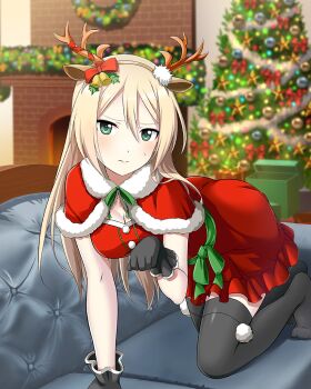  1girl all_fours alternate_costume animal_ears armchair artist_request bell black_gloves black_thighhighs blonde_hair blurry blurry_background blush box breasts chair chimney christmas christmas_ornaments christmas_tree deer_ears embarrassed fake_animal_ears gift gift_box gloves green_eyes heinrike_prinzessin_zu_sayn-wittgenstein indoors large_breasts long_hair noble_witches non-web_source official_alternate_costume official_art santa_costume sleeveless solo sweat thighhighs world_witches_series 