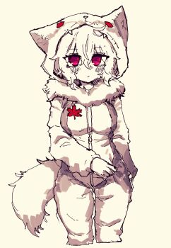  1girl :/ alternate_costume blush closed_mouth cropped_legs fur_trim highres hood hoodie inubashiri_momiji leaf_print long_sleeves looking_at_viewer maple_leaf_print rampa93 red_eyes short_hair simple_background solo tail touhou white_background white_hair wolf_tail 