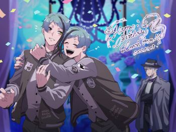  2boys azul_ashengrotto birthday birthday_jacket_(twisted_wonderland) black_eyes blue_background blue_hair brothers commentary_request confetti cowboy_shot floyd_leech happy_birthday heterochromia highres hug indoors jacket jade_leech letterman_jacket male_focus mitsuro_illust multiple_boys octavinelle_dorm sharp_teeth short_hair siblings teeth twins twisted_wonderland yellow_eyes 